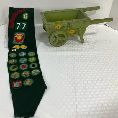 Girl Scout Sash with Merit Badges & Patches, Green Wood Wheelbarrow Planter