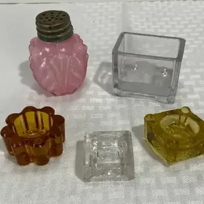 Pink Cased Glass Salt Shaker, Amber & Yellow Glass Salt Cellars