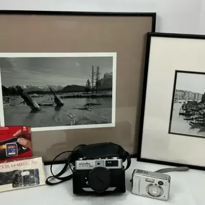 Minolta Hi-Matic 7sII Camera, Fujifilm FinePix & Framed B&W Photographs