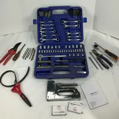 Mechanics Tool Set in Blue Case, Staple Gun with Staples, Pliers & Hand Tools