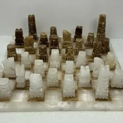 Onyx Chess Set, Carved White & Brown Onyx Stone Chessboard & Pieces