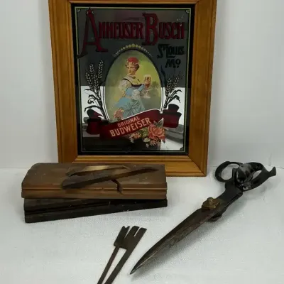 Anheuser-Busch St. Louis Bar Mirror, Antique Tailor Shears & Wood Molding Plane