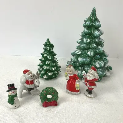 Ceramic Christmas Trees, Santa, Mrs. Claus & Snowman Figurines, Santa Gift Box