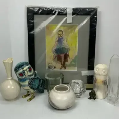 Lenox Bud Vase, Owl Figurines, Signed Framed Art & Glass Vases