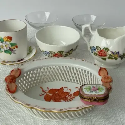Herend Basket, Aynsley Creamer & Sugar, Limoges Trinket Box & Royal Chelsea Cup