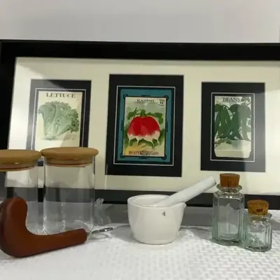 Framed Seed Packet Art, Porcelain Mortar & Pestle, Glass Jars & Bottle Opener