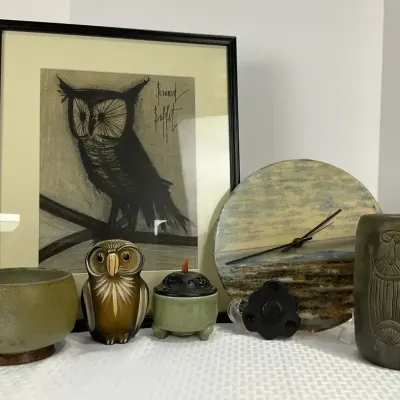 Owl Art Print, Celadon Incense Burner, Stoneware Clock & Owl Figurine