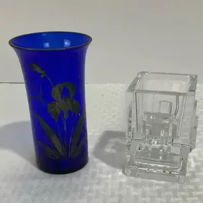 Waterford Crystal Square Vase & Cobalt Blue Glass Bud Vase with Silver Iris