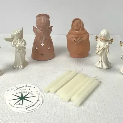 White Porcelain Angel Figurines, Terra Cotta Angel Luminaries & Taper Candles