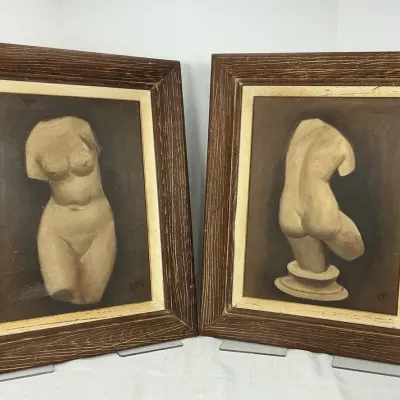 Pair of Kitay Signed Classical Torso Paintings, Framed Greek Sculpture Still Life Art