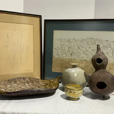 Ruth Galantino Signed Drawing, Royal Copenhagen Gold Dragon Bowl & Stoneware Weed Pot