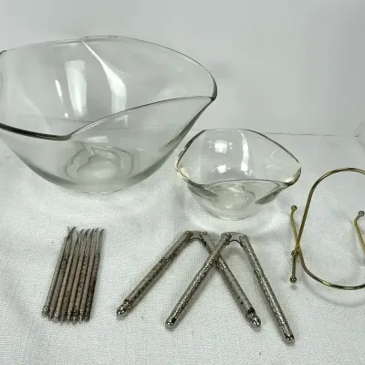 Mid Century Glass Chip & Dip Set with Nutcrackers & Nut Picks