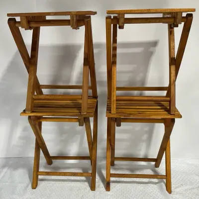 Set of Four Folding Teak Finish Wood Stools, Slatted Small Side Tables