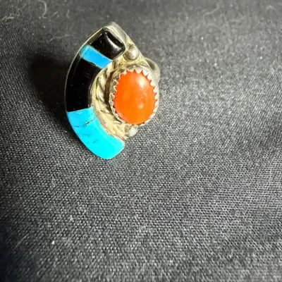 Vintage Native American Sterling silver Coral And Turquoise Ring Size 4.5