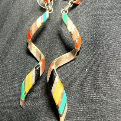 Vintage Native American Zuni Sterling Silver Spiral Ribbon Earrings