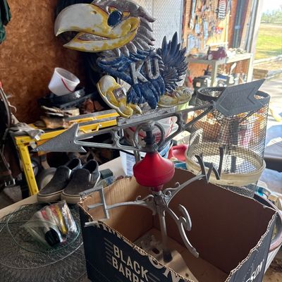 Sale Photo Thumbnail #78: Vintage metal weather vane topped with a painted Kansas Jayhawks mascot ornament.
