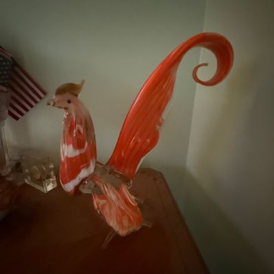 Sale Photo Thumbnail #41: Vintage Murano-style blown glass rooster figurine featuring vibrant orange and white swirled detailing and a dramatically curved tail feather.