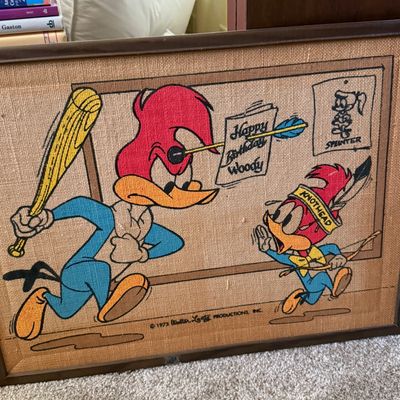 Sale Photo Thumbnail #49: Framed vintage 1973 Walter Lantz Woody Woodpecker printed burlap wall art depicting Woody, Knothead, and Splinter.