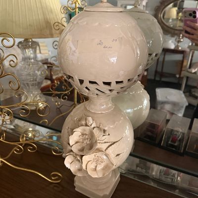Vintage off-white ceramic potpourri burner with reticulated globe lid and applied dimensional floral base.