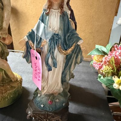 Painted resin statue of Our Lady of Grace, depicting the Virgin Mary in traditional blue and white robes standing on an ornate pedestal.