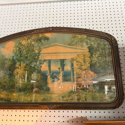 Antique Maxfield Parrish style framed print depicting classical dancers before a temple ruin, housed in an ornate carved wood frame.