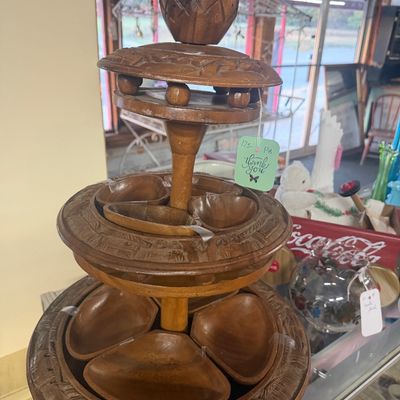Vintage mid-century hand-carved Monkey Pod wooden multi-tiered lazy Susan serving tray featuring removable compartments and a carved...