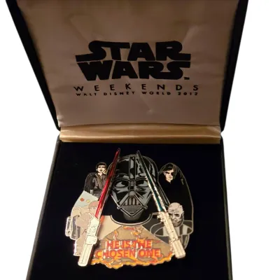 Sale Photo Thumbnail #3: Star Wars Weekends 2012 'He Is The Chosen One' limited edition jumbo pin, featuring Darth Vader and Anakin Skywalker imagery in its original black display box.