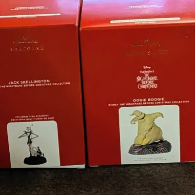 Sale Photo Thumbnail #47: Set of four Hallmark Keepsake Disney's The Nightmare Before Christmas Christmas tree ornaments in original red boxes, including Sally, Jack Skellington, Oogie Boogie, and Bedtime Stories.