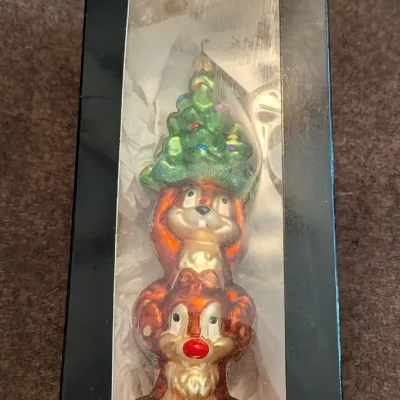 Sale Photo Thumbnail #70: Christopher Radko Disney Chip 'n' Dale glass Christmas ornament in original box packaging.