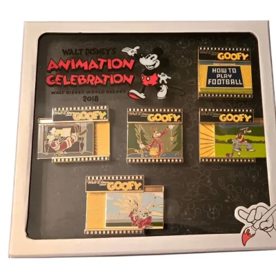 Sale Photo Thumbnail #26: Framed Walt Disney World 2018 Animation Celebration Goofy pin set featuring film strip design themes.