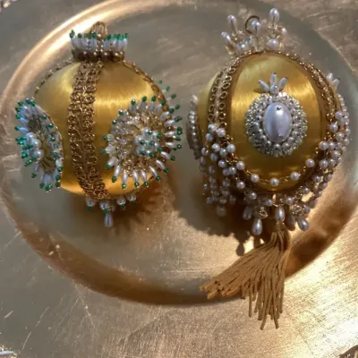Vintage Gold Satin Beaded Christmas Ornaments Pair – Faux Pearls, Tassel & Green Accents