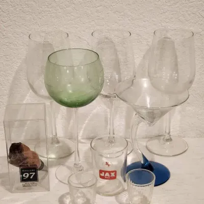 Cocktail & Wine Glassware Set — Wine Glasses, Martini, Goblet, Wood Stopper & Shot Glasses