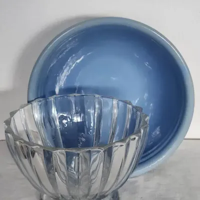 Blue Stoneware & Thick Clear Glass Large Bowls — Set of 2, Very Good Condition