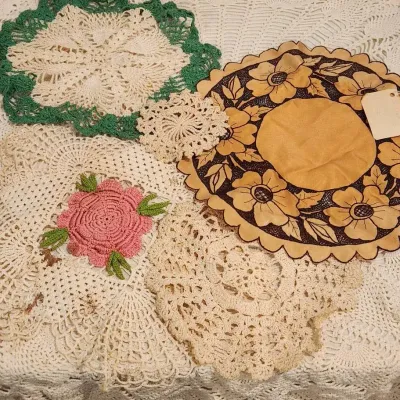 Vintage Tablecloth & 6 Crocheted Doilies - Includes Soviet Union-Made Piece