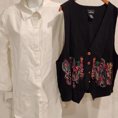 Carol Little Embroidered Vest & Cotton Button-Down Shirt - Size L, Very Nice Condition