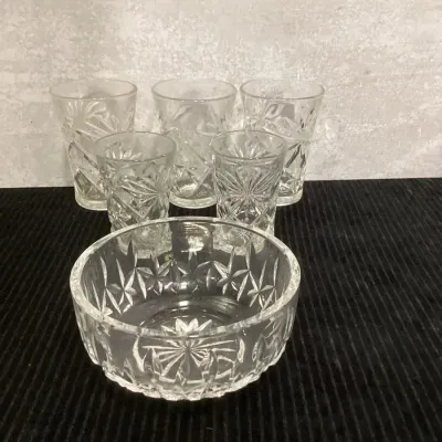 Set Of Five Anchor Hocking Pressed Glass Star Burst Tumblers And Glass Starburst Pattern Bowl