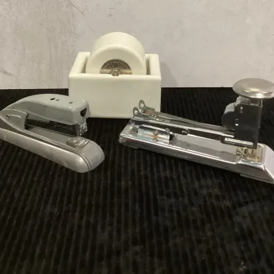 Vintage White Porcelain Ideal Stamp And Envelope Moisturizer Swing Line Stapler 