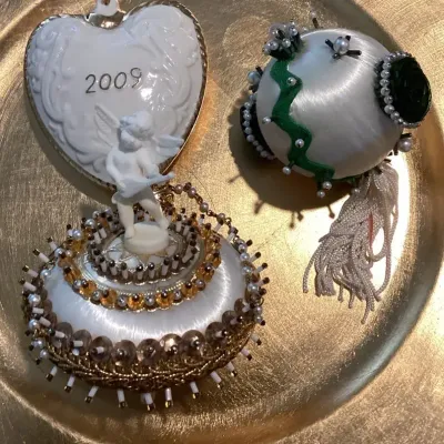 Beaded Ornaments And Heart Shaped Porcelain Ornament With Gold Trim