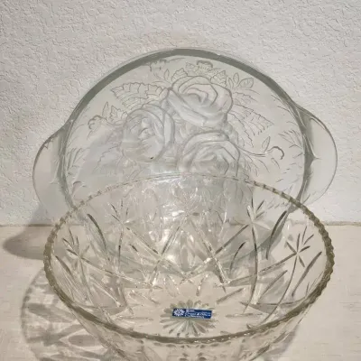 Anchor Hocking Raised Glass Rose Bowl Pair — Heavy Glass, Excellent Condition