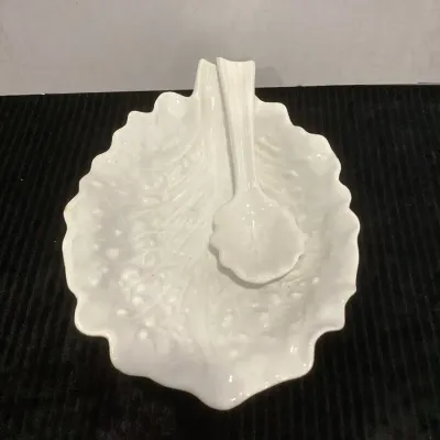 A White Ceramic Cabbage Leaf Serving Dish And Spoon by Miramar Of California 