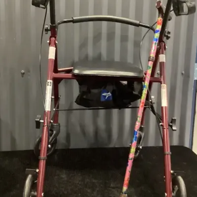 Burgundy Aluminum Four-wheel Rollator Walker A Padded Seat And Cane