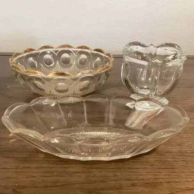 A St. Genevieve Pattern Clear Glass Bowl With Gold Trim Crystal And More