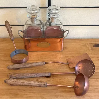 Vintage Hammered Copper Utensils And De La Cuisine Copper Cady and Glass Decanters