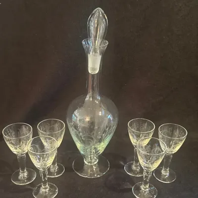 Vintage Etched Glass Decanter With Glasses