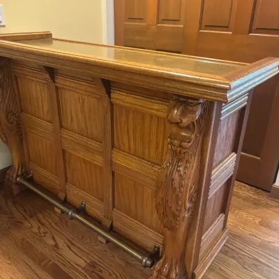 Vintage Oak Bar With Carved Lions and Brass Top