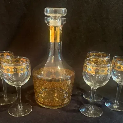 Vintage Culver Valencia Gold Filigree Decanter and Wine Glasses