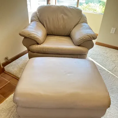 Taupe Natuzzi Leather Chair And Ottoman, Made in Italy
