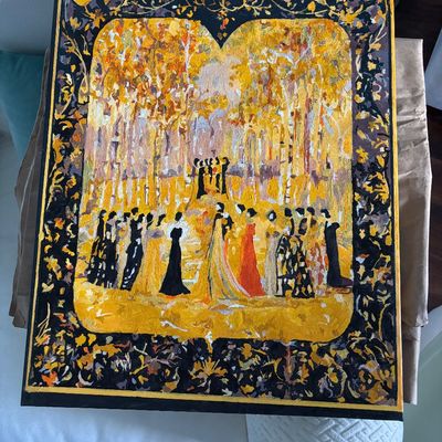 Framed acrylic on canvas depicting a figures gathering in a forest scene, styled after Gustav Klimt with gold leaf accent details and a...