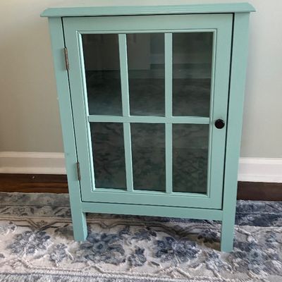 Small light teal accent cabinet featuring a glass mullion door and a dark metal round knob.