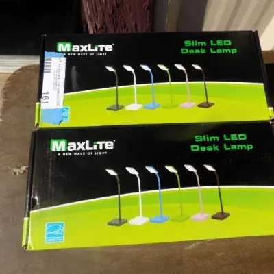 Two boxed MaxLite Slim LED Desk Lamps, new in original retail packaging.